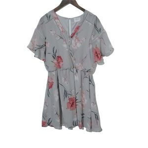 Sienna Sky M Short Bell Sleeved Floral Mini Dress in Gray Coral